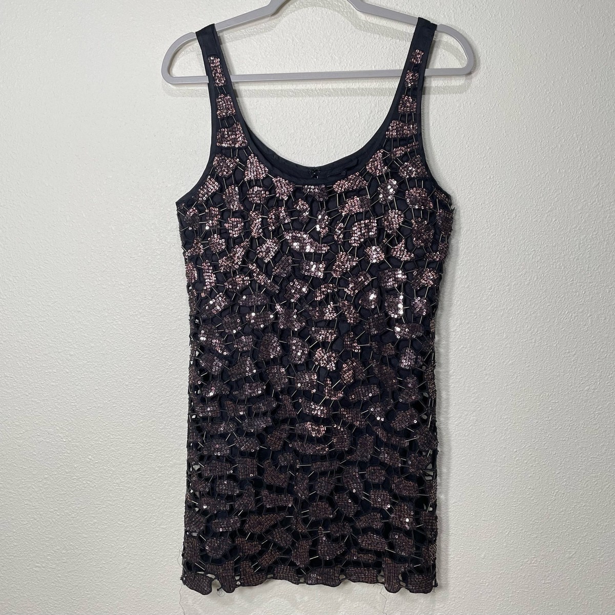Vintage Y2K Guess Black Beaded Sequin Sleeveless Mini Tank Dress Party Sexy 