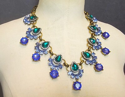 Vtg Gestempelt BaubleBar Blau Grün Claster Strass 19 '' Statement Halskette