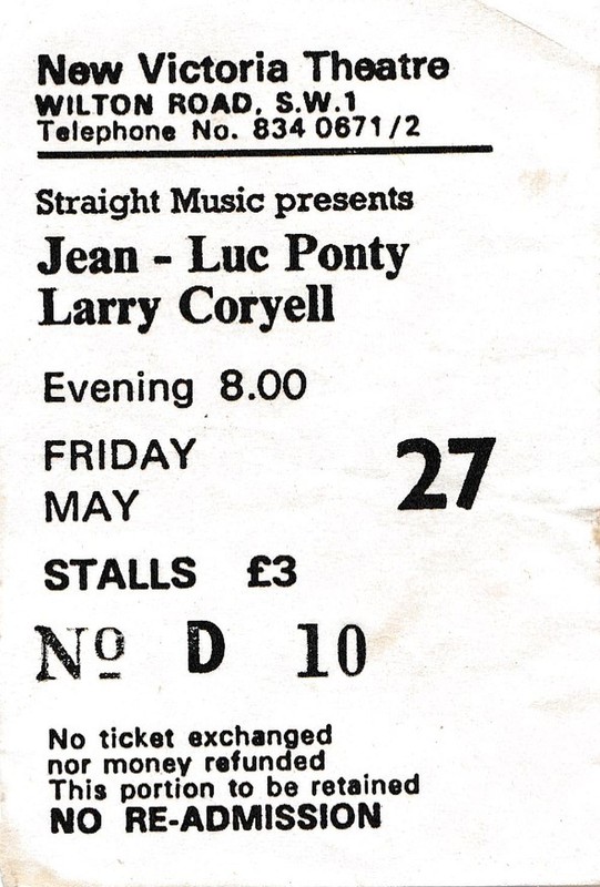 Larry Coryell & Jean-Luc Ponty 1977 Tkt Stub New Vic Theater London FREE US SHIP