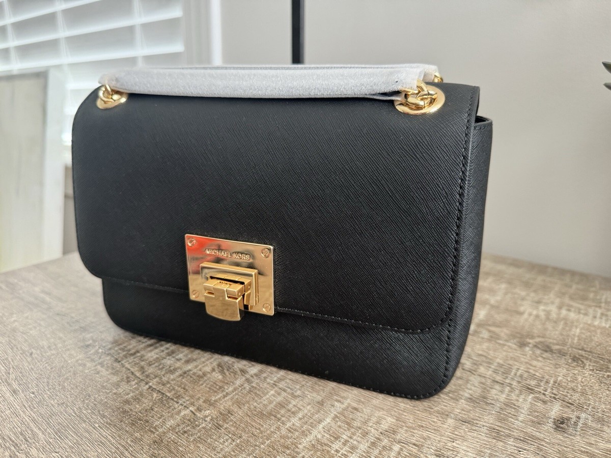 NWT Michael Kors Tina Shoulder Flap Handbag Black Saffiano