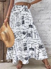 Womens Size 12 Newspaper Print Maxi Skirt Silky Long Slinky Pockets Belt Loops