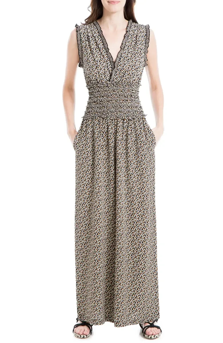 Max Studio $118 Black/Tan Leaf Print Smocked Waist Wide Leg Max Studio $118 Black/Tan Leaf Print Smocked Waist Wide Leg
