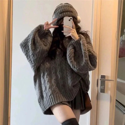 Damen Pullover Oversize Strickpullover Langarm V-Ausschnitt Einfarbig Locker Pulli