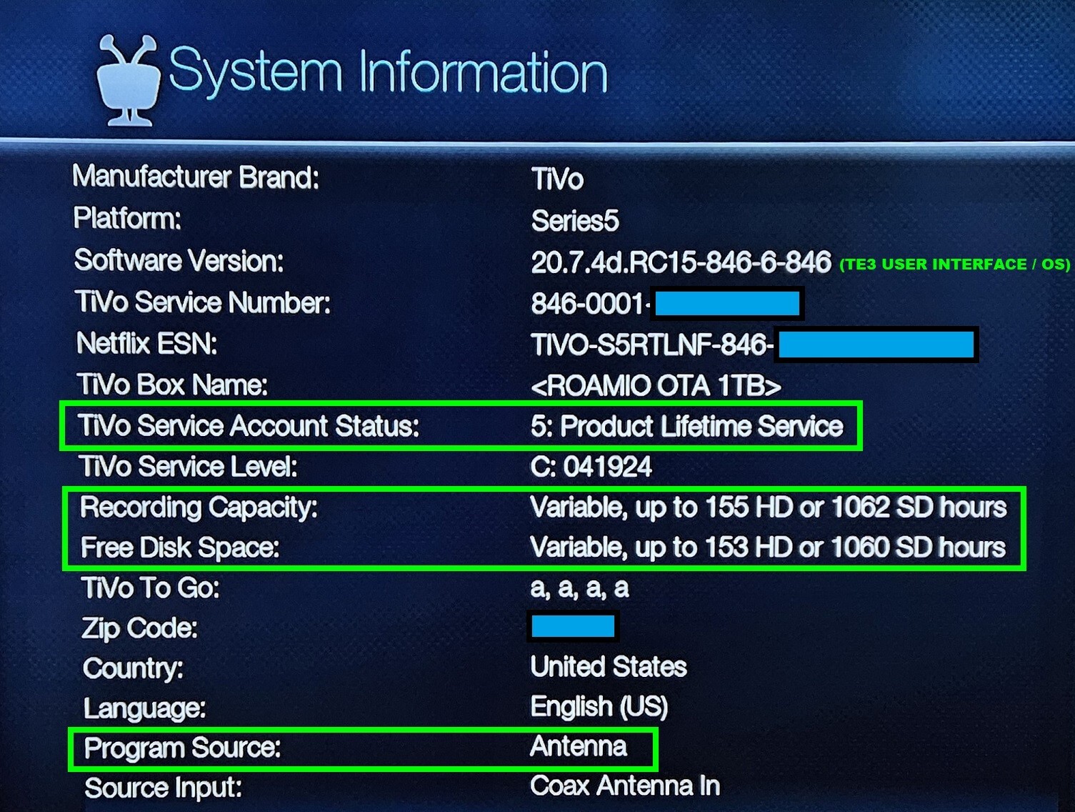 TiVo Roamio OTA LIFETIME SERVICE 1TB 1000GB 155 hours HD