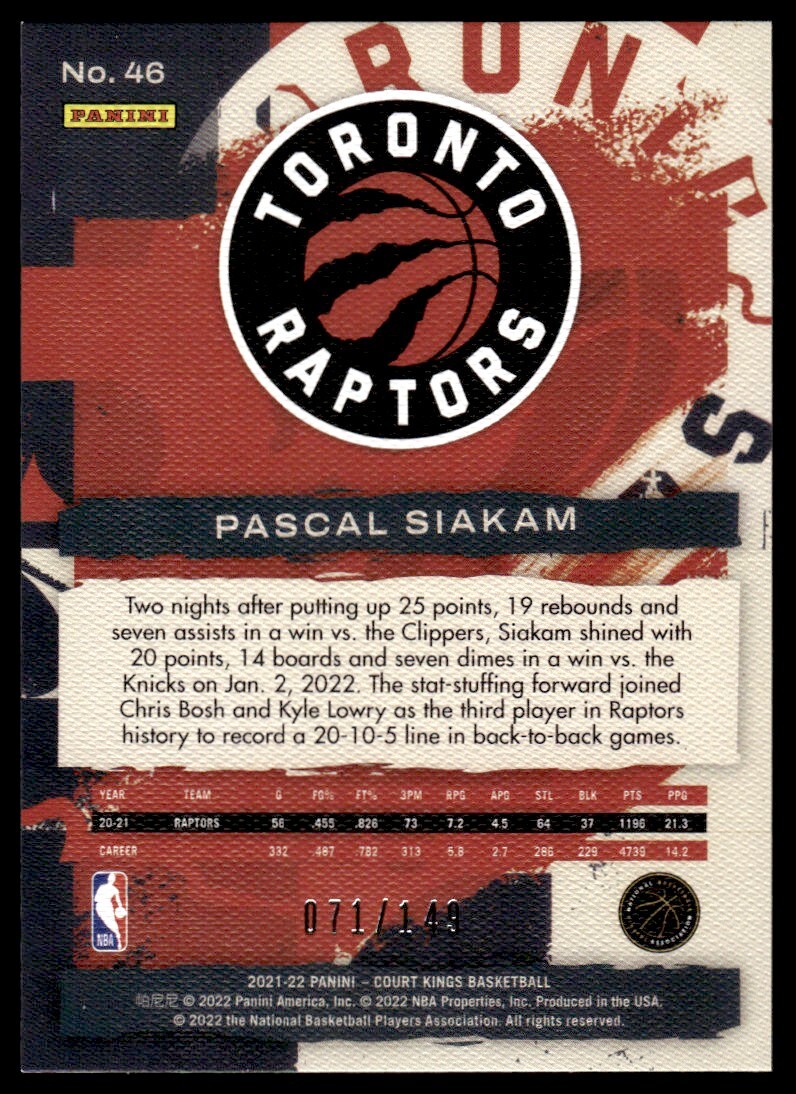 Pascal Siakam 2021-22 Panini Court Kings Ruby #46 071/149 Toronto Raptors
