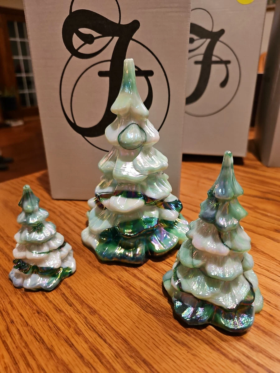 VERY RARE NEW Fenton Green Iridized Marbling Set Of 3 Christmas