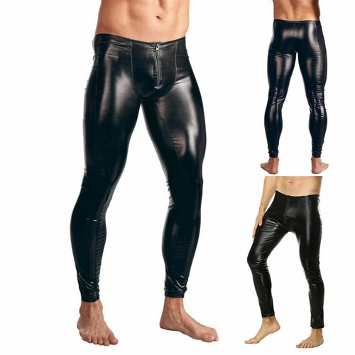Black Tight Leggings Clubwear PU Leather Pants with Pouch Zip for Men's Fashion - Picture 7 of 27