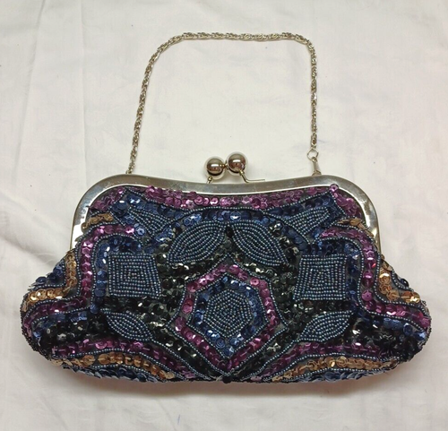 Vecceli Italy Style Abendtasche Micro Perlen Kiss Lock Clutch Pailletten gefüttert Kette