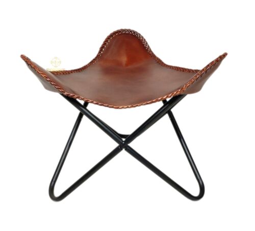 Leather Footstool Brown Colour Butterfly Stool Leather Foldable Camping Stool - Picture 1 of 7