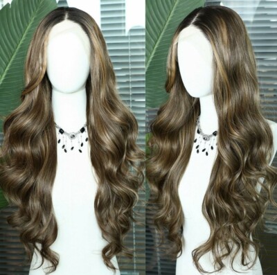 HD Lace Front Wig Human Hair Blend Highlights  Wavy Curly Medium Dark BROWN