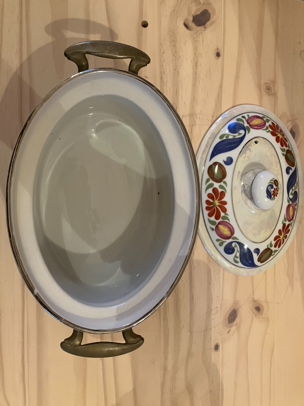 Vtg Royal Rochester Fraunfelter Luster Baking Casserole Dish with Silver  Stand