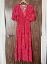 Finery Red Pink Spot Faux Wrap Short Sleeve V Neck Tiered Midi Dress UK 10 NEW