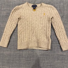 Polo Ralph Lauren Girls 6X Oatmeal Gold Shimmer Cable Knit Sweater Puff Sleeve