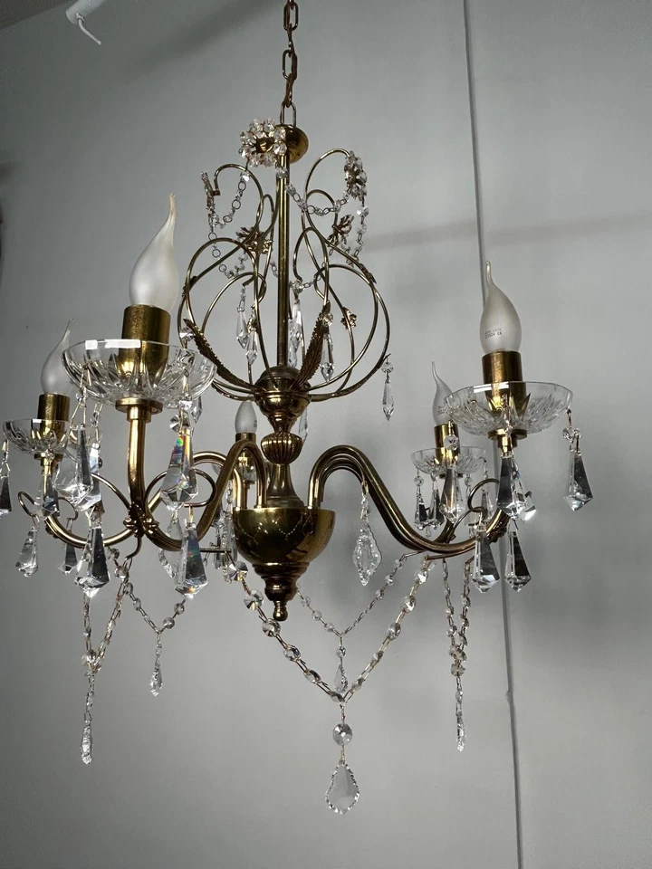 Lampadario in cristallo Swarovski ottone oro sospensione classico vintage 5 luci - Image 4 of 4