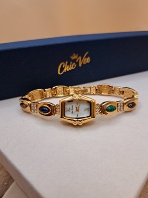 Womens Gold Watch (9 Natural Gemstones -Tiger s Eye ,Green Onyx- WaterResistant 