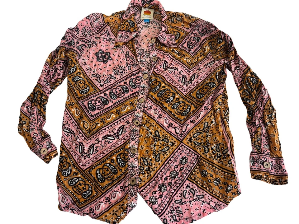 Anthropologie Farm Rio Shirt Womens L Pink Paisley Bandana Print Button Up - Image 2 of 4