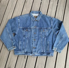 Vintage International Denim ID Wear MENS XL Denim Trucker Jacket Embroidered