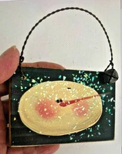 Vtg SM Blue SNOWMAN FACE Wire Bale XMAS PLAQUE ORNAMENT Handpainted SIGN Bell