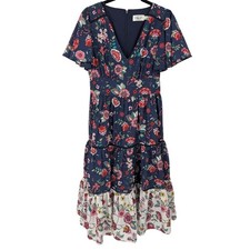Eliza J Floral Midi Dress 2 Navy Blue Tiered Flutter Sleeve Boho Cottagecore