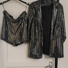 Quiz Black & Silver Sequin 2-Piece Jacket & shorts Set  Size 10