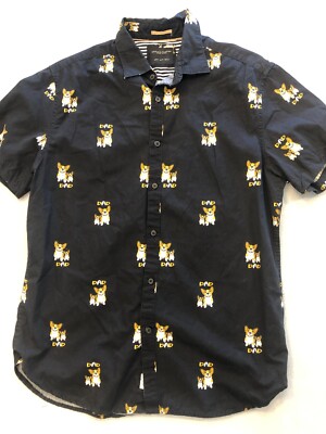 Denim Flower Shirt Men's Medium Corgi DAD Button Up Funny Casual