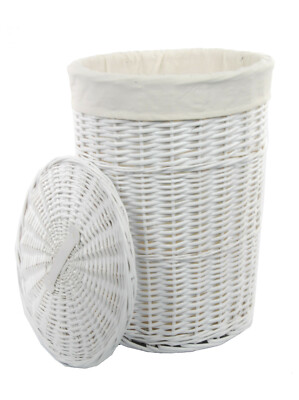 Wäschekorb Wäschetonne weiß rund weide m. Bezug Deckel  60L D.39 H.55 