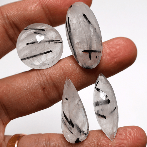 4 PC Natural Tourmaline Rutile Quartz High Grade 22mm-33mm Faceted Cut Gemstones - Picture 5 of 13