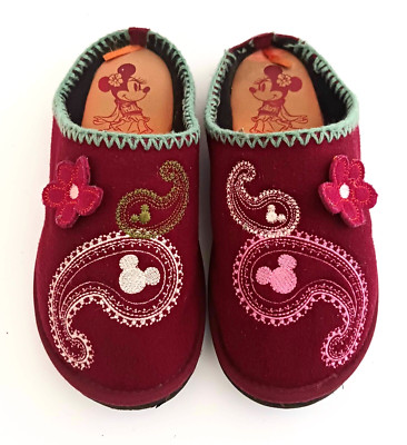 Disney Minnie Embroidered Paisley Dk Red Flat Scuff Slipper 3D Flower Sz S