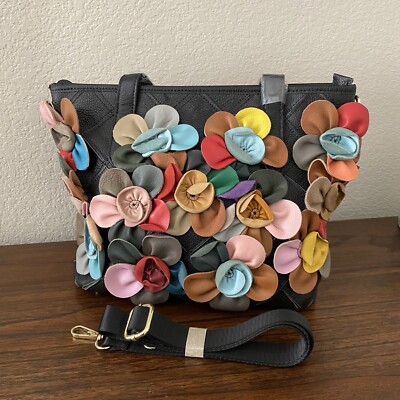 3D Floral Applique Leather Patchwork Bag Convertible