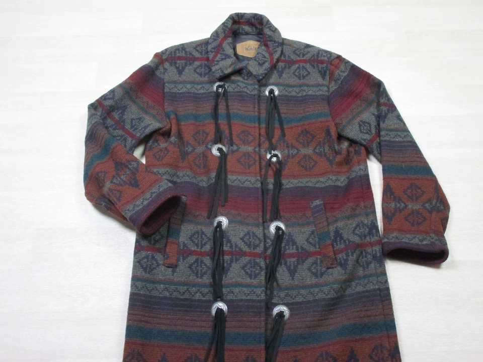 Vintage WOOLRICH Aztec Tribal Western Trench Coat Jacket Medium USA Made Duster - Image 2 of 4