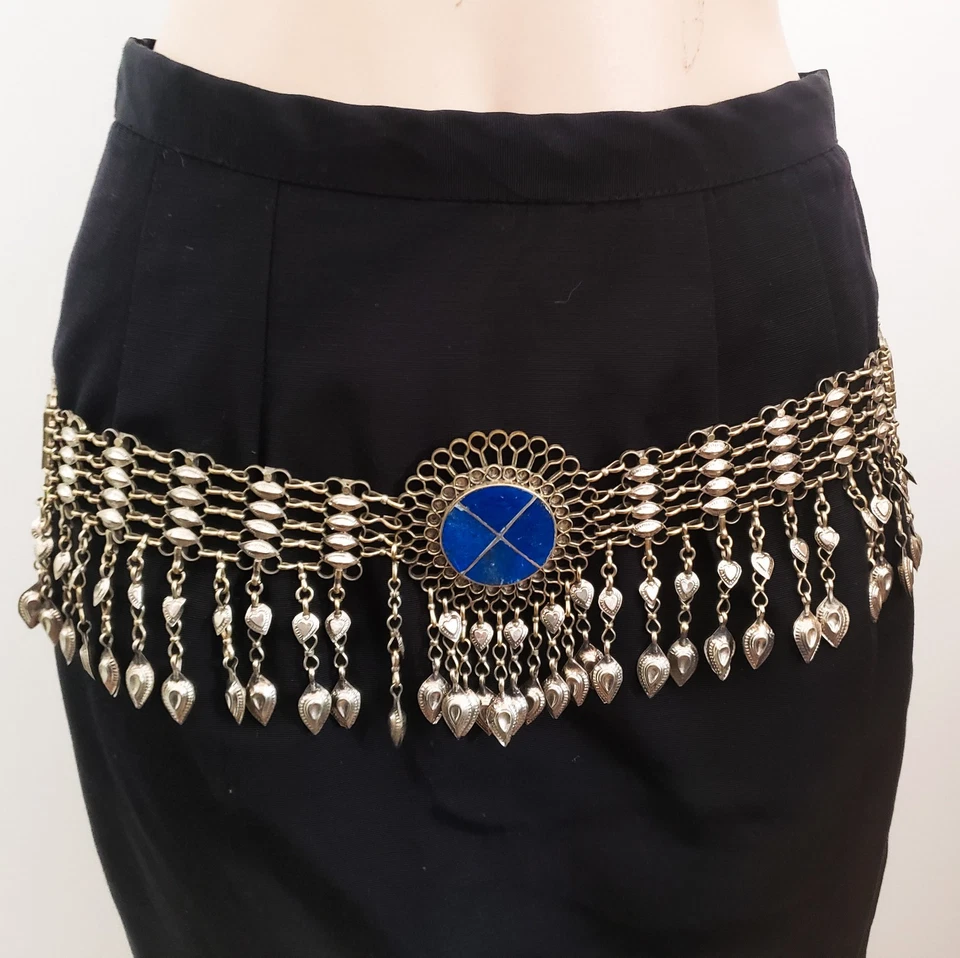 Cinturón de aleación de plata lapislázuli vintage con campanas estilo boho danza del vientre Foto 2 de 4