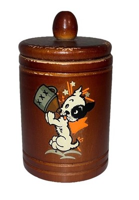 MCM Kitsch Wood Jar & Lid Match Box Canister | Spot The Dog w Jug Cartoon 3.5 