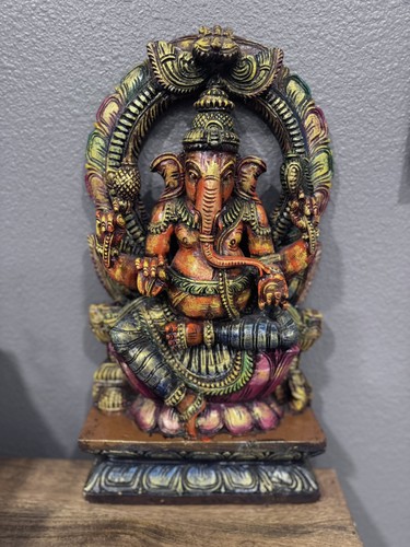 Wooden Colorful Lord Ganesh Statue on Lotus Base  VTG