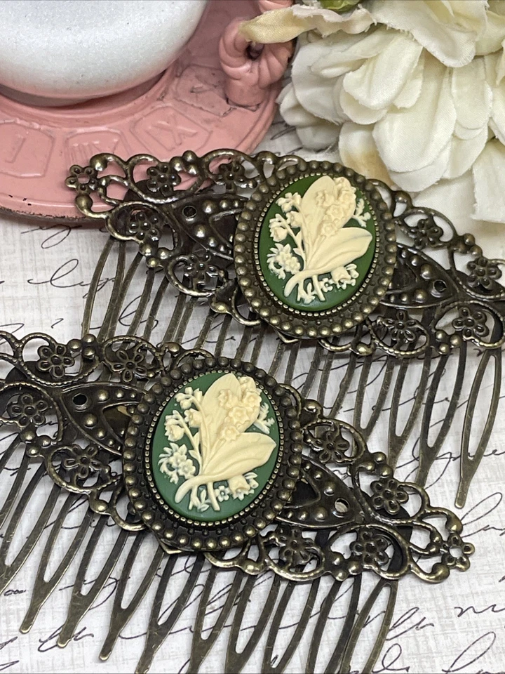 Pair Bronze Barrette Jewelry Hair Combs Cameo Lily Of Valley Green Wedding Gift - Image 4 of 4