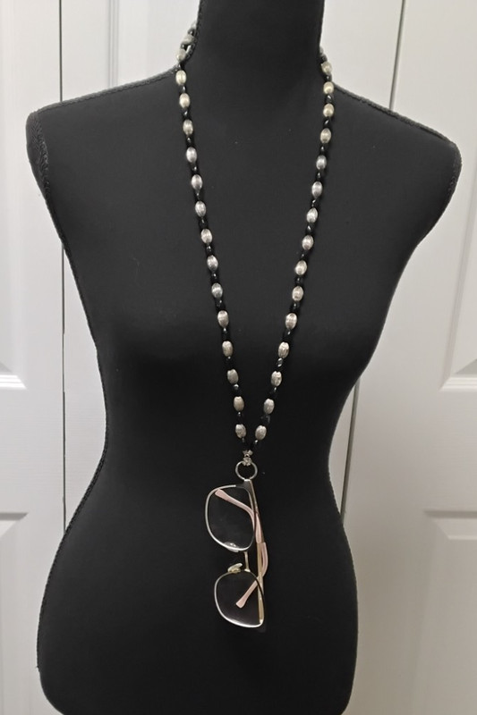 Eyeglasses/Charm Holder Silvertone & Black Beaded Necklace-35" - 1990's