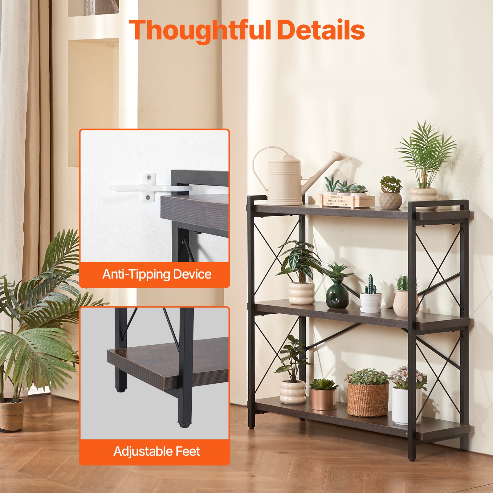 Uimoso Metal Bookshelf Rustic Bookshelf 3-Tier for Living room Bedroom & Office