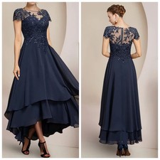 High Scoop Neck Mother of the Bride Dress Chiffon Tea A-Line Formal Evening Gown