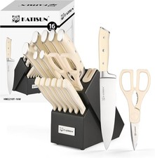 16-piece kitchen knife set in cream colors, with a wooden knife block