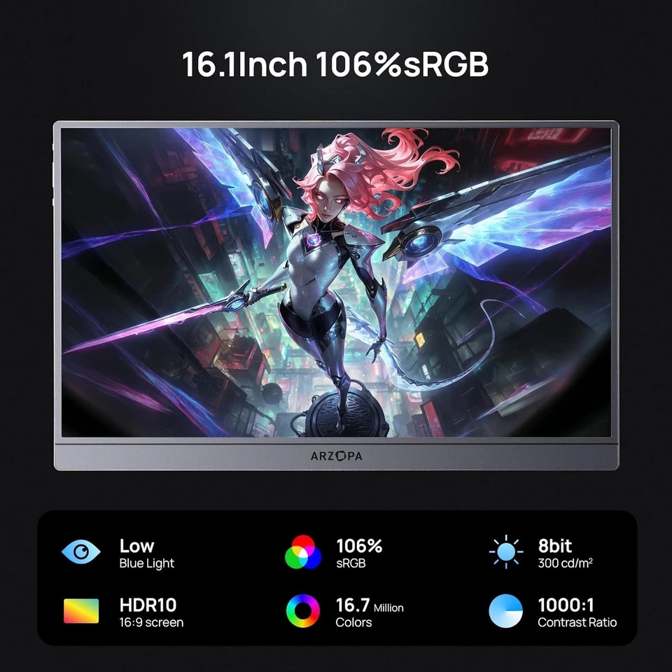 16.1'' 144Hz Portable Monitor with Storage Bag, 100% sRGB 1920×1080P FHD HDR 144 - Image 3 of 4
