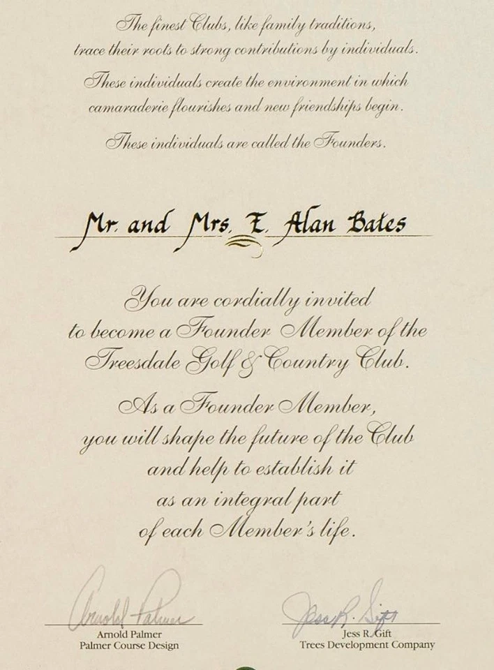 Arnold Palmer Autographed 1990's Golf Country Club Invitation Treesdale - Image 2 of 4