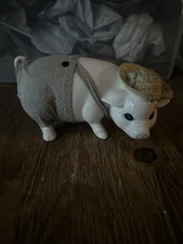 Ceramic Pig In Overalls and Straw Hat Vintage Figurine