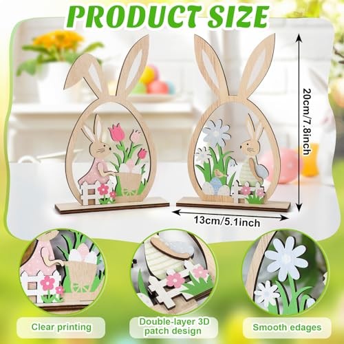 2Pcs Easter Decorations for the Home Wooden Bunny Decor Sign Farmhouse Rustic - Picture 4 of 8