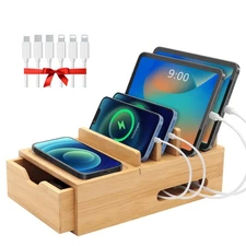 Bamboo Charging Station Dock Organizer for iPhone, Tablet, Cell Phone, 6 Cables