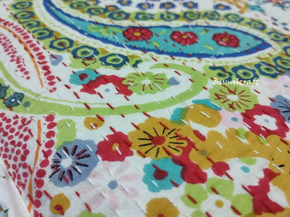22X22X5" Square kantha Cushion Cover White Paisley Decorative Pillow Covers - Image 3 of 4