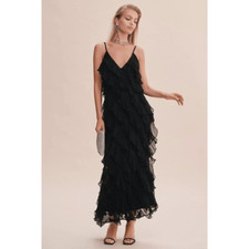 BHLDN Jia Bias-Cut Ruffled V-Neck Gown in Black Size 2