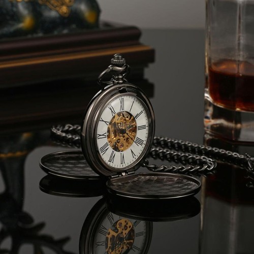 Pocket Watch Double Hunter Smooth Hand Wind Roman Numerals Mechanical Chain - Picture 22 of 29