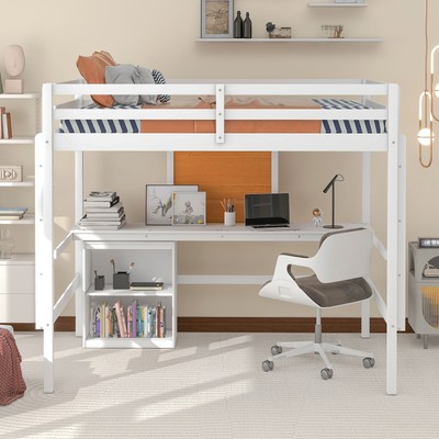 Full Loft Bed w/Desk Writing Board Wooden Loft Bed w/Desk 2 Drawers Cabinet 4AAK