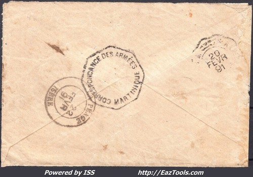 MARTINIQUE N°17 SUR LETTRE AVEC CAD BLEU COR D'ARMÉES LIG D PAQ N°1 01/02/1891 - Picture 2 of 2