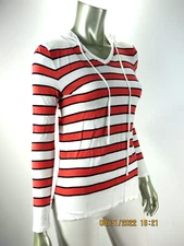 TALBOTS Petites SZ P 100% Rayon White Orange Soft Knit Hooded Blouse Top Shirt