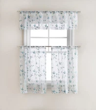 Floral Embroidered Sheer Kitchen Curtain Tier & Valance Set - Assorted Colors
